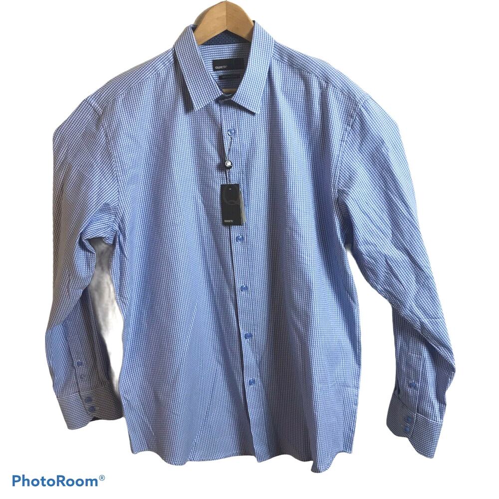 QUIETI Shirt Mens XL 100% Fine Cotton Light Blue Woven Check LS Button Up NEW